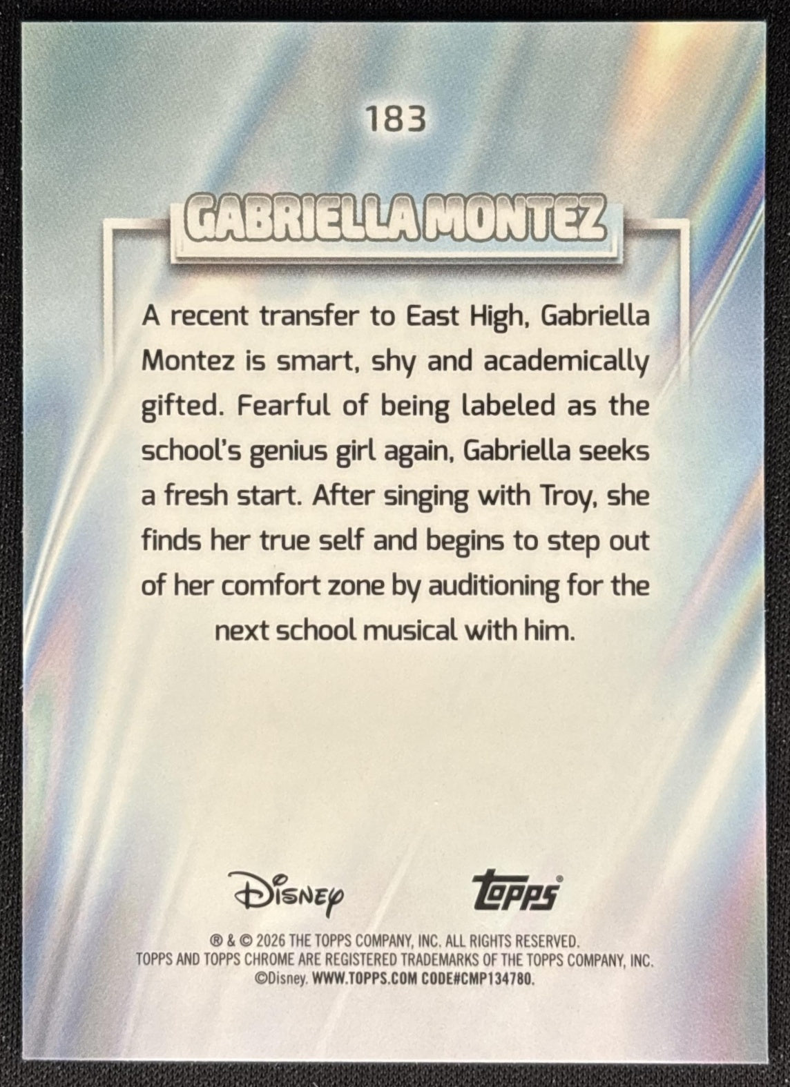Gabriella Montez 2026 Topps Chrome Disney X-Fractor High School Musical back