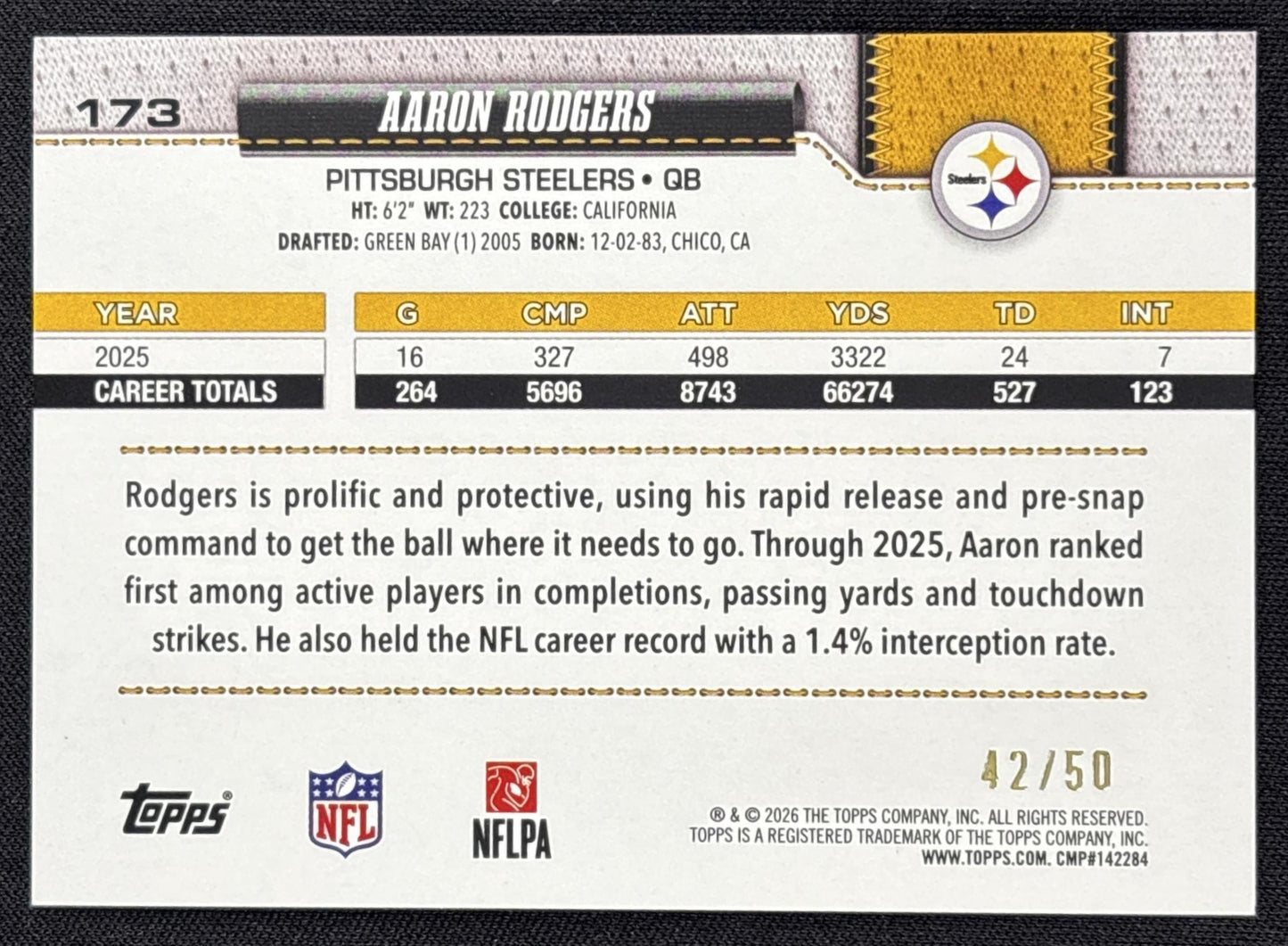 Aaron Rodgers 2026 Topps Gold Diamante Foil /50 Steelers
