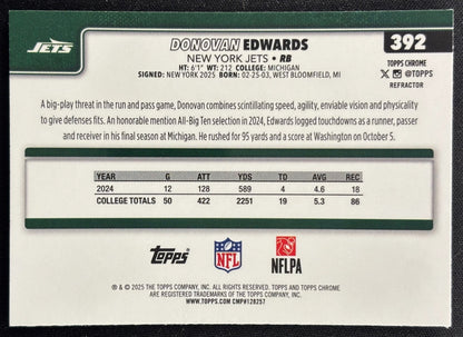 Donovan Edwards 2025 Topps Chrome Rookie Refractor Jets Sports Trading Cards