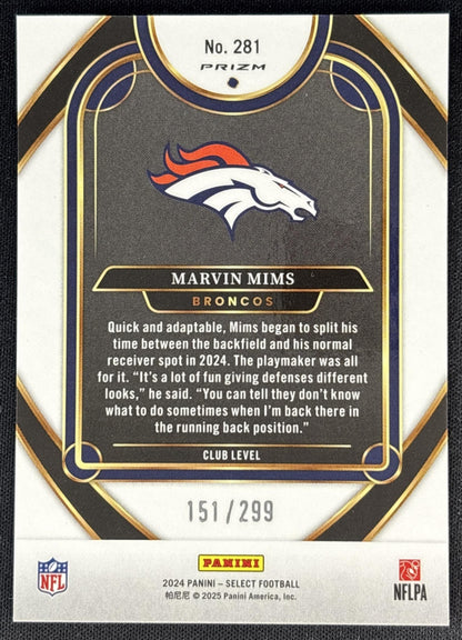 Marvin Mims 2024 Panini Select Club Copper Prizm Shock /299 Broncos
