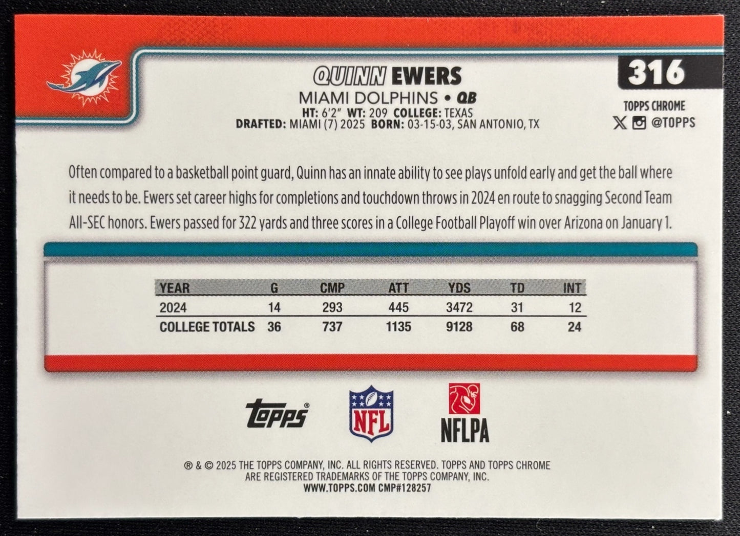 Quinn Ewers 2025 Topps Chrome Rookie Dolphins Sports Trading Cards