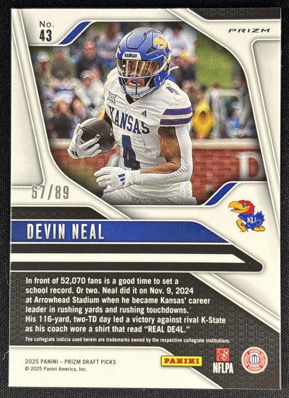 Devin Neal 2025 Panini Prizm Draft Picks Blue Finite /89 Jayhawks