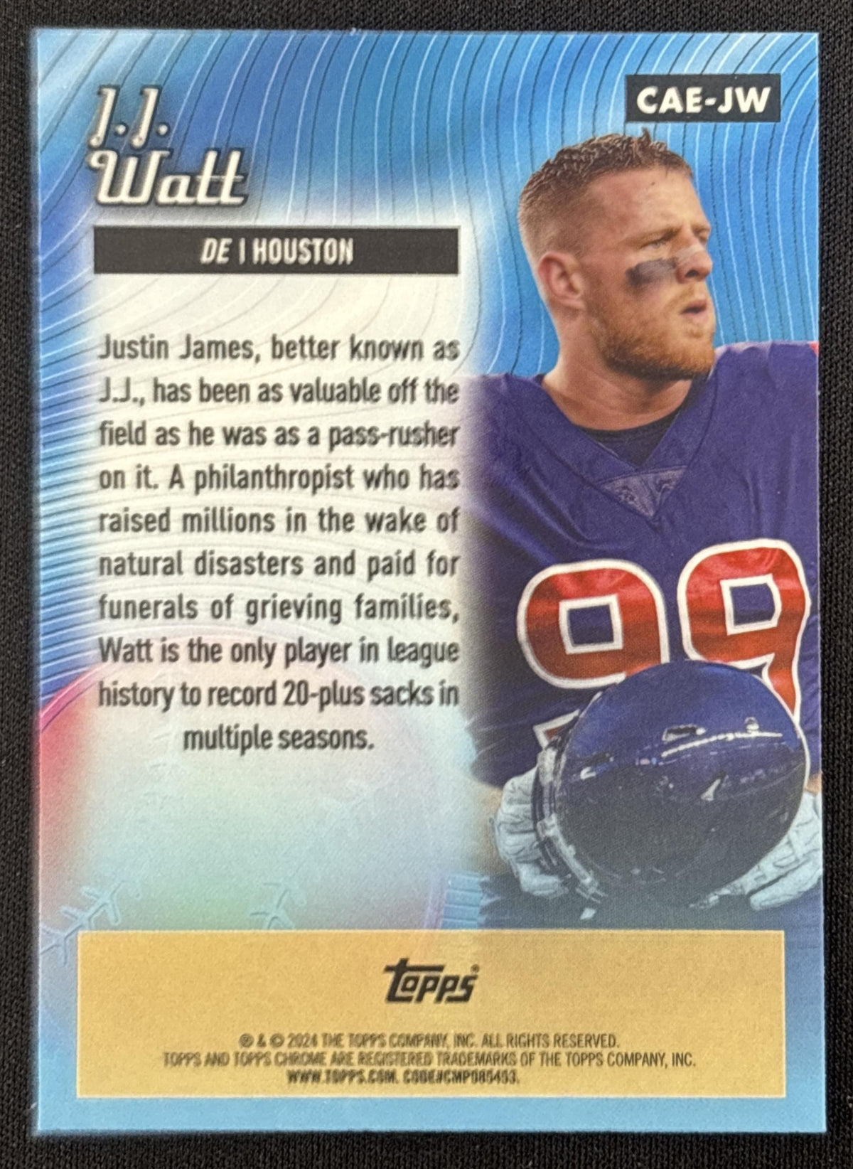J.J. Watt 2024 Topps Chrome All-Etch Green Refractor /99 Texans