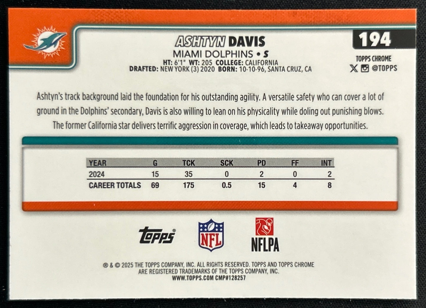 Ashtyn Davis 2025 Topps Chrome Dolphins Sports Trading Cards
