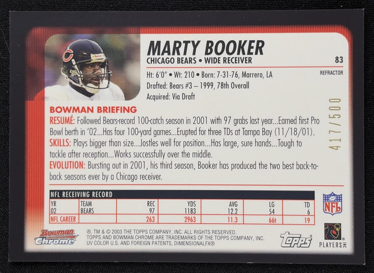 Marty Booker 2003 Bowman Chrome Refractors /500 Bears - Back
