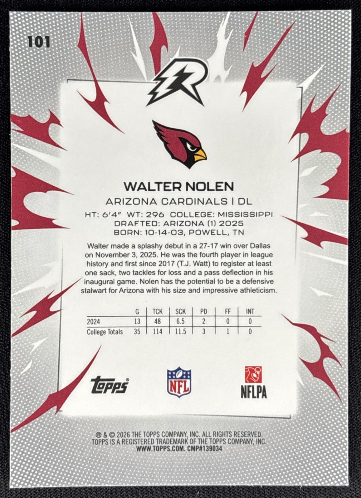Walter Nolen 2025 Topps Resurgence Blue and Orange Spark Refractor Cardinals