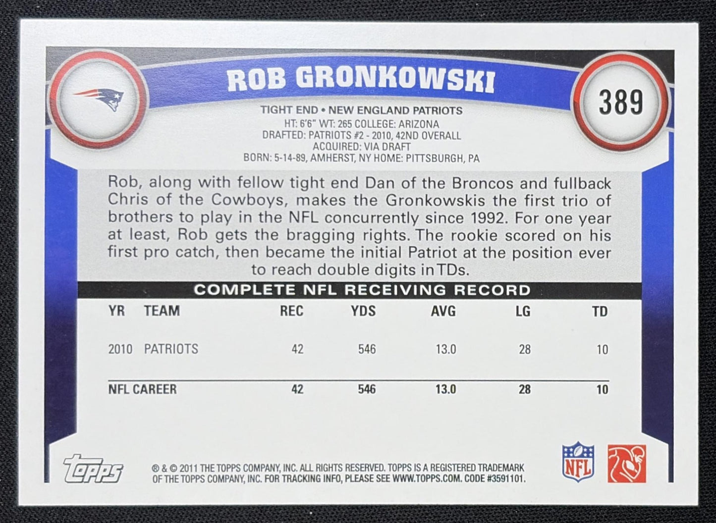 Rob Gronkowski 2011 Topps Patriots