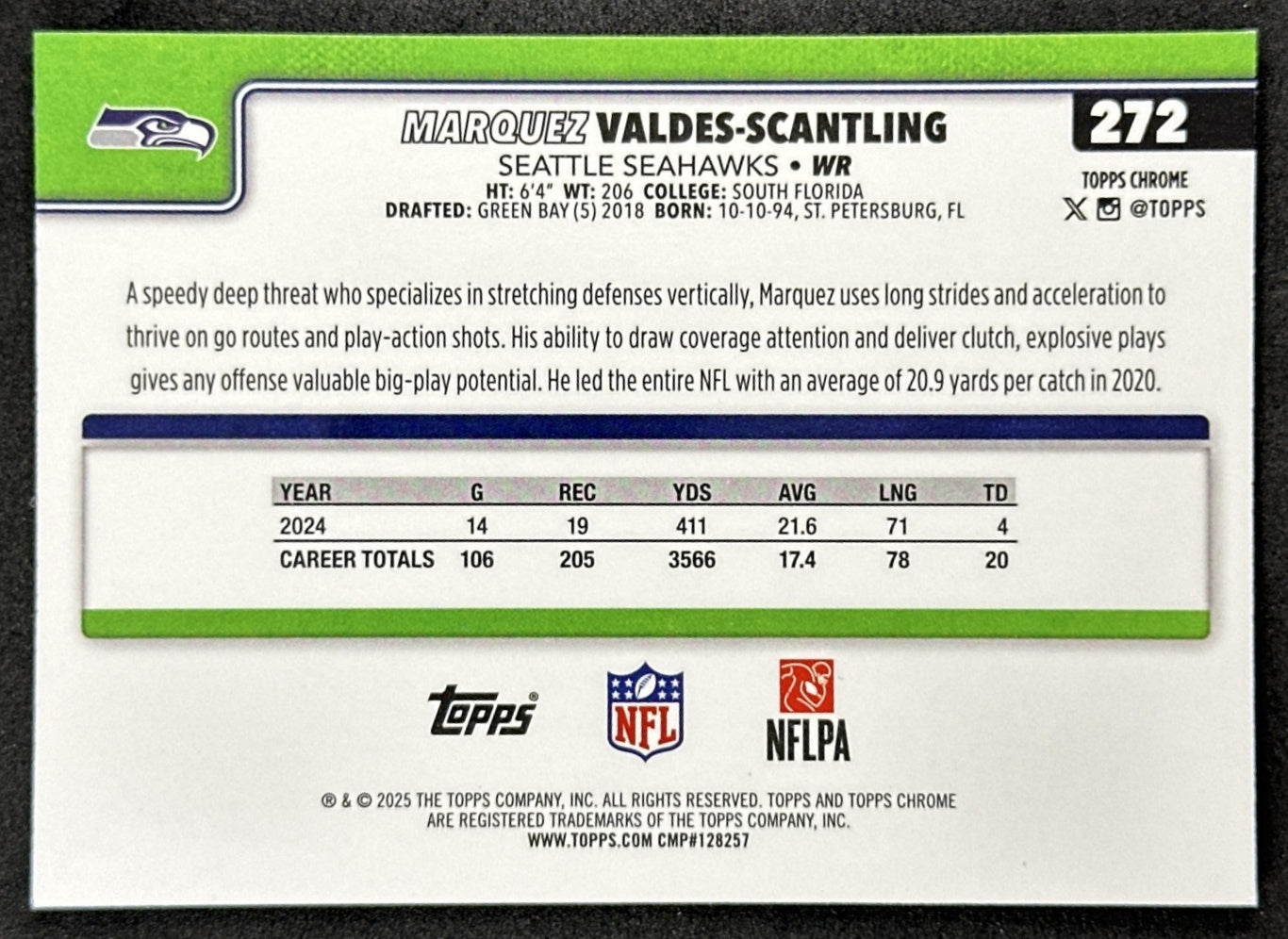 Marquez Valdes-Scantling 2025 Topps Chrome Sapphire Seahawks Sports Trading Card