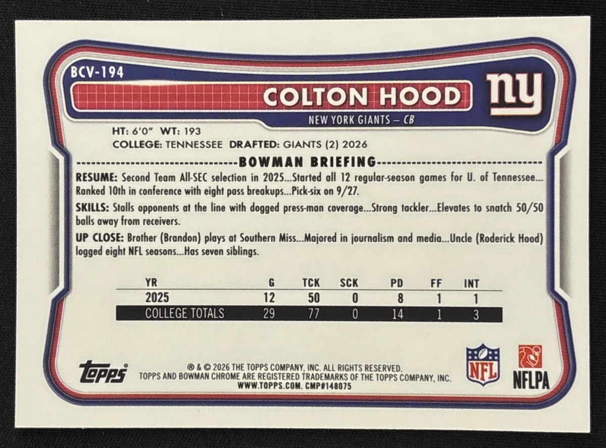 Colton Hood 2026 Bowman Chrome NFL Aqua Refractor /199 Giants - Back