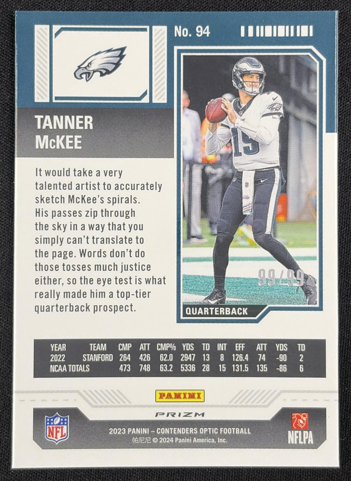 Tanner McKee 2023 Panini Contenders Optic Blue /99 Eagles