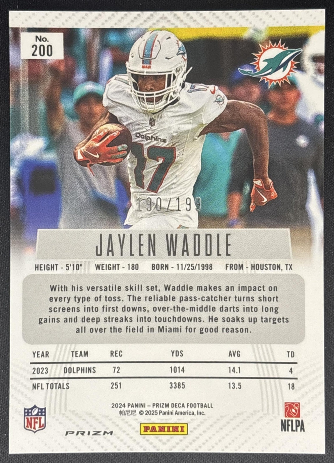 Jaylen Waddle 2024 Panini Prizm Deca Red /199 Dolphins back
