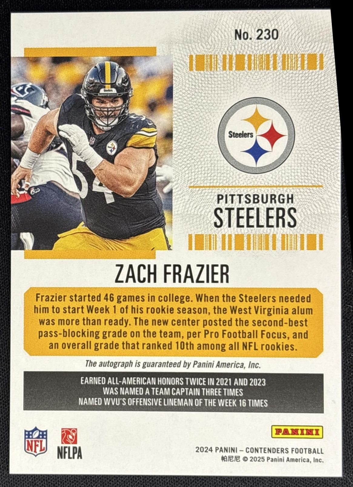 Zach Frazier 2024 Panini Contenders Rookie Ticket Auto Steelers