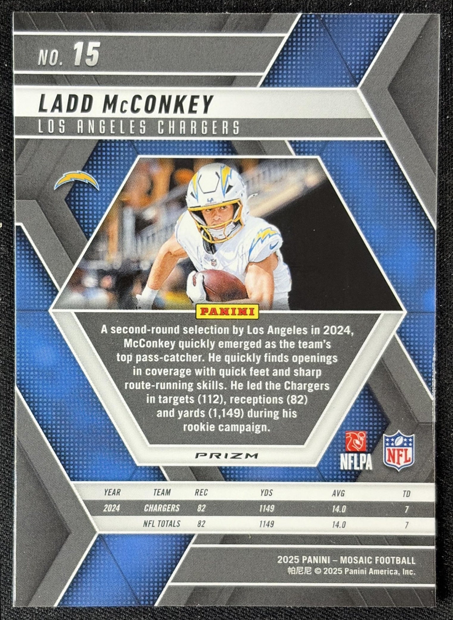 Ladd McConkey 2025 Panini Mosaic Reactive Purple Prizm Chargers back