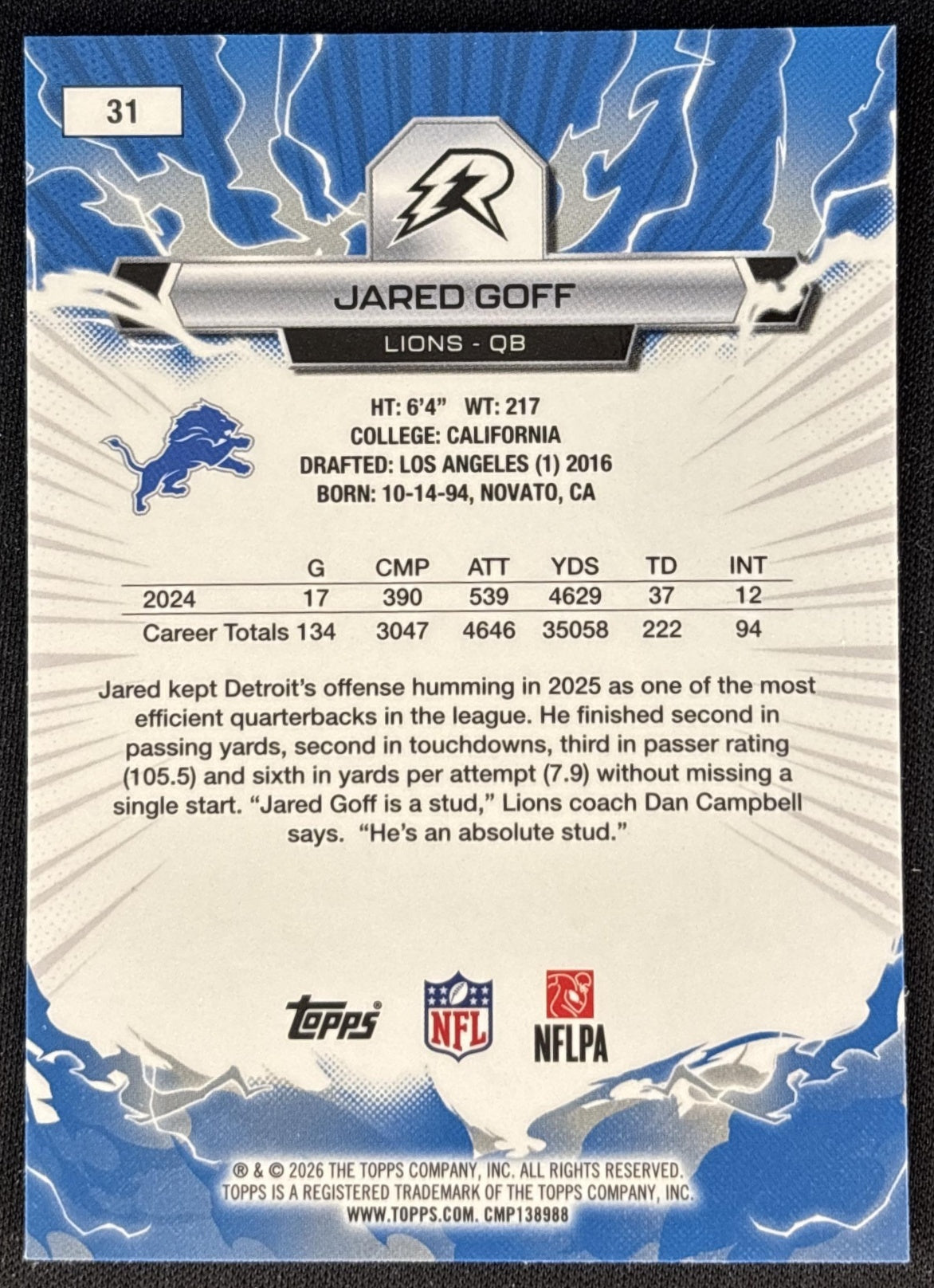 Jared Goff 2025 Topps Resurgence Lions Detroit Lions back