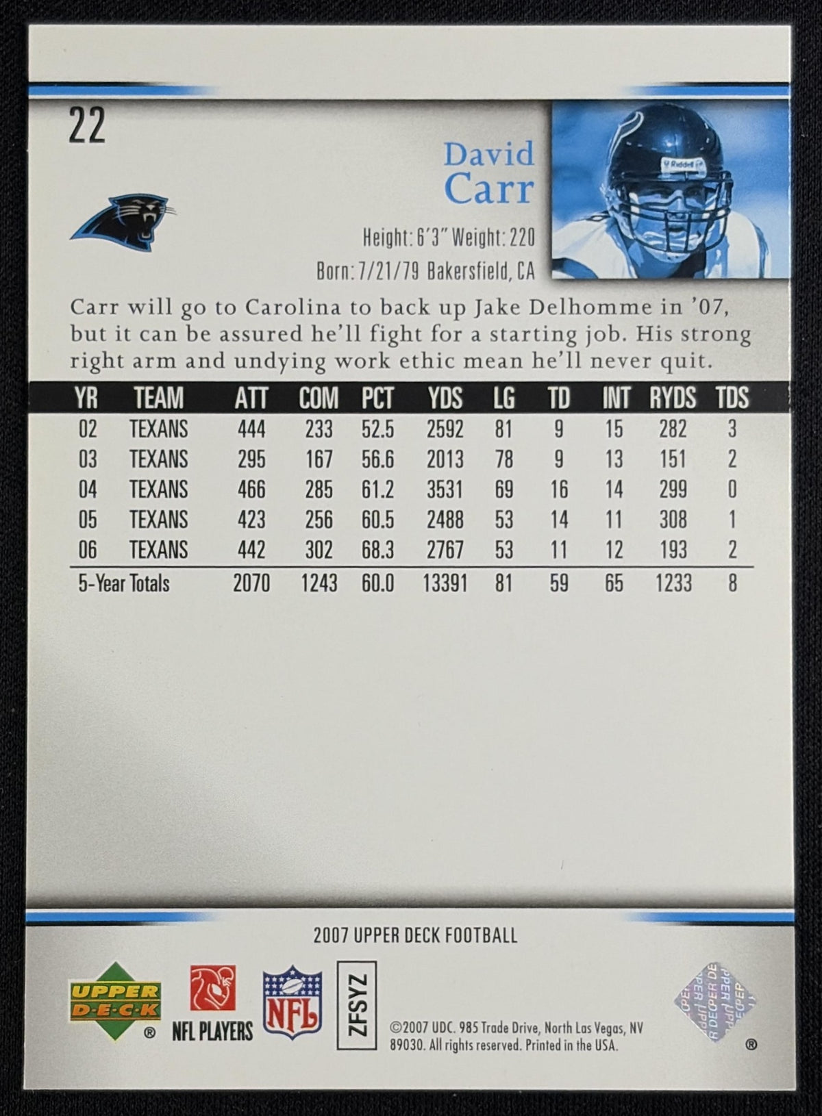 David Carr 2007 Upper Deck Silver /99 Panthers