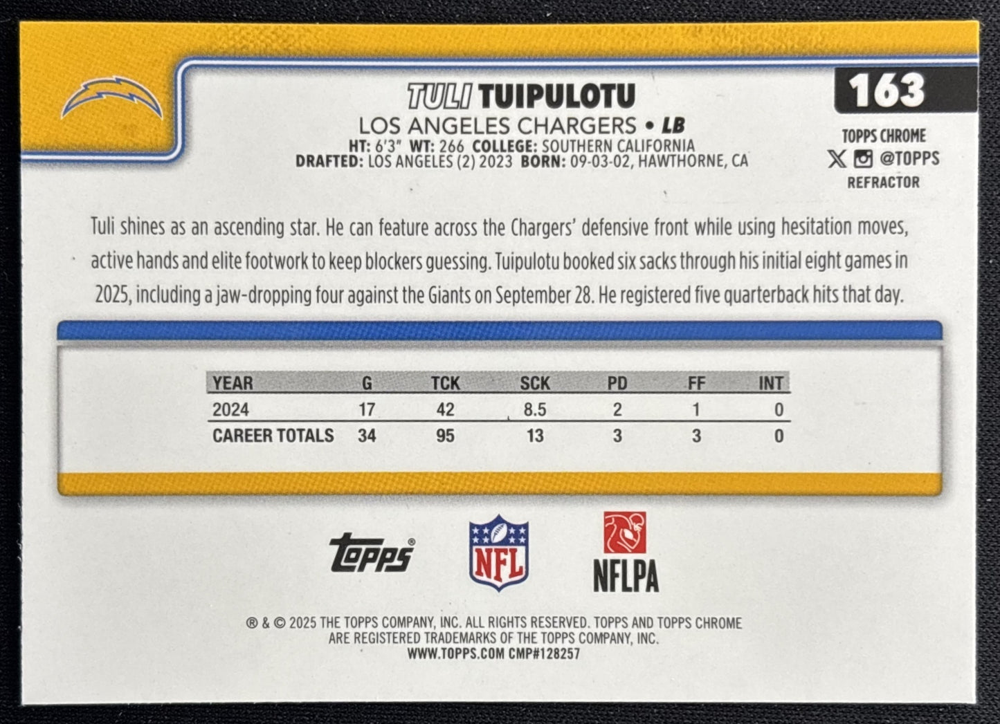 Tuli Tuipulotu 2025 Topps Chrome Refractor Chargers Sports Trading Cards