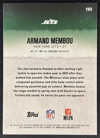 Armand Membou 2025 Topps Signature Class Rookie Blue & Yellow Foil Jets back