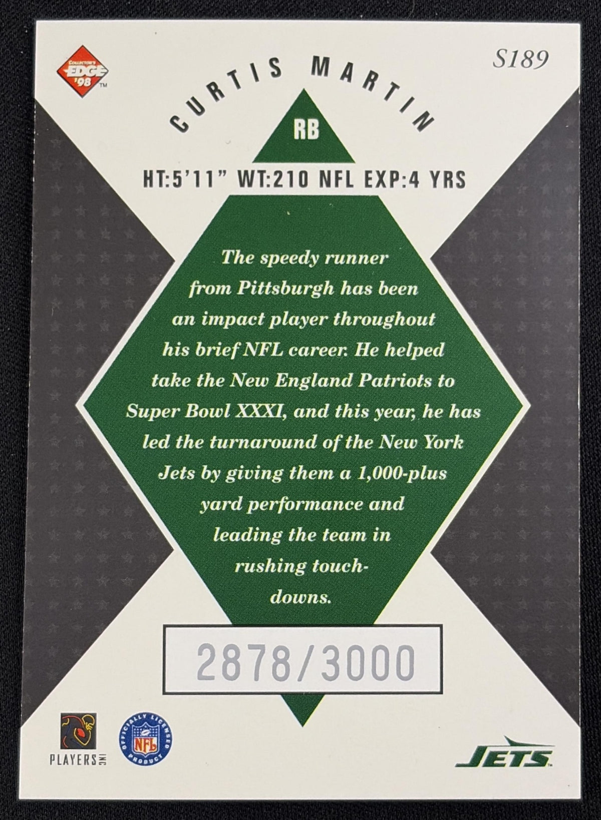 Curtis Martin 1998 Collector's Edge Masters 50 Point /3000 Jets sports trading card back