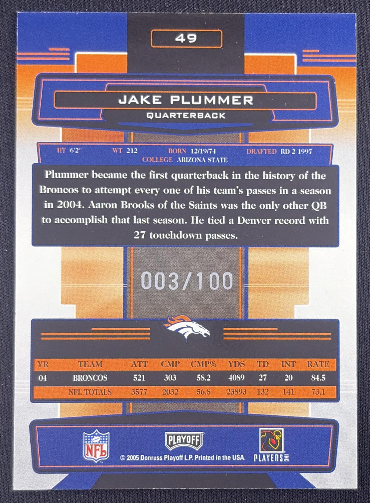 Jake Plummer 2005 Playoff Absolute Memorabilia Spectrum Silver /100 Broncos