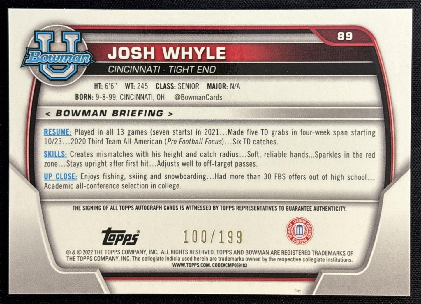 Josh Whyle 2022 Bowman University Chrome Prospect Auto Lava Refractor /199 back