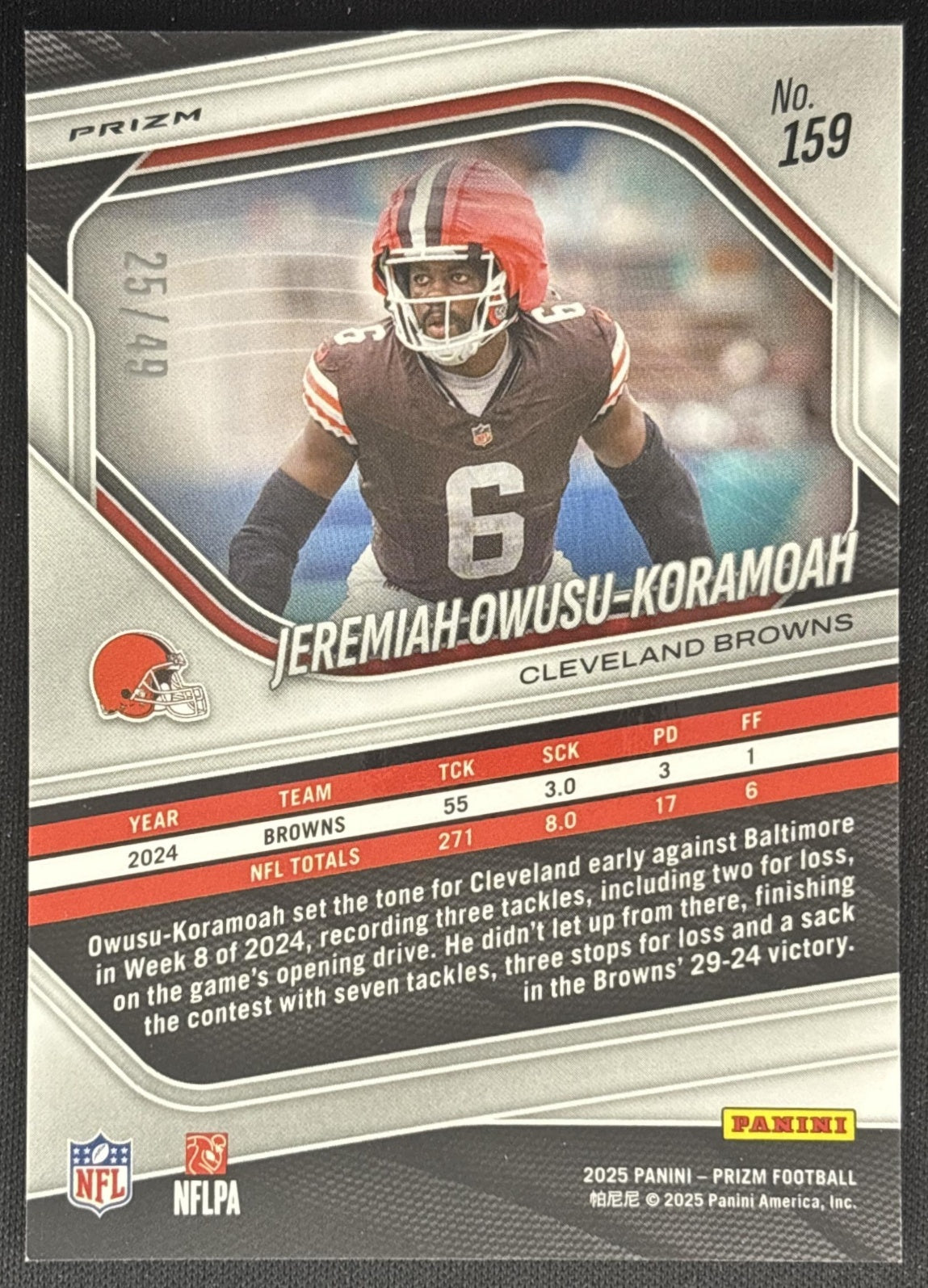 Jeremiah Owusu-Koramoah 2025 Panini Prizm Purple Power /49 Browns back