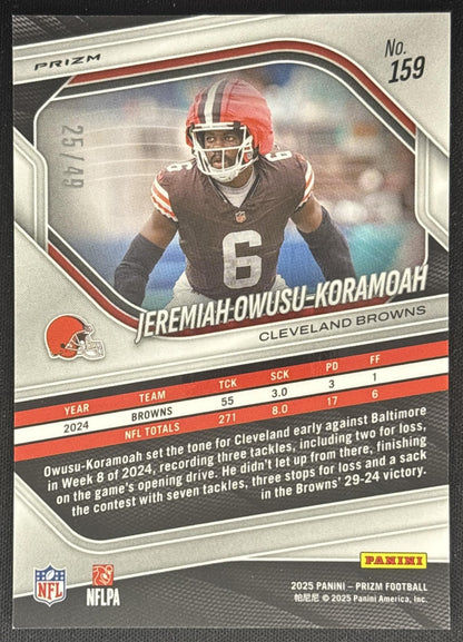 Jeremiah Owusu-Koramoah 2025 Panini Prizm Purple Power /49 Browns back