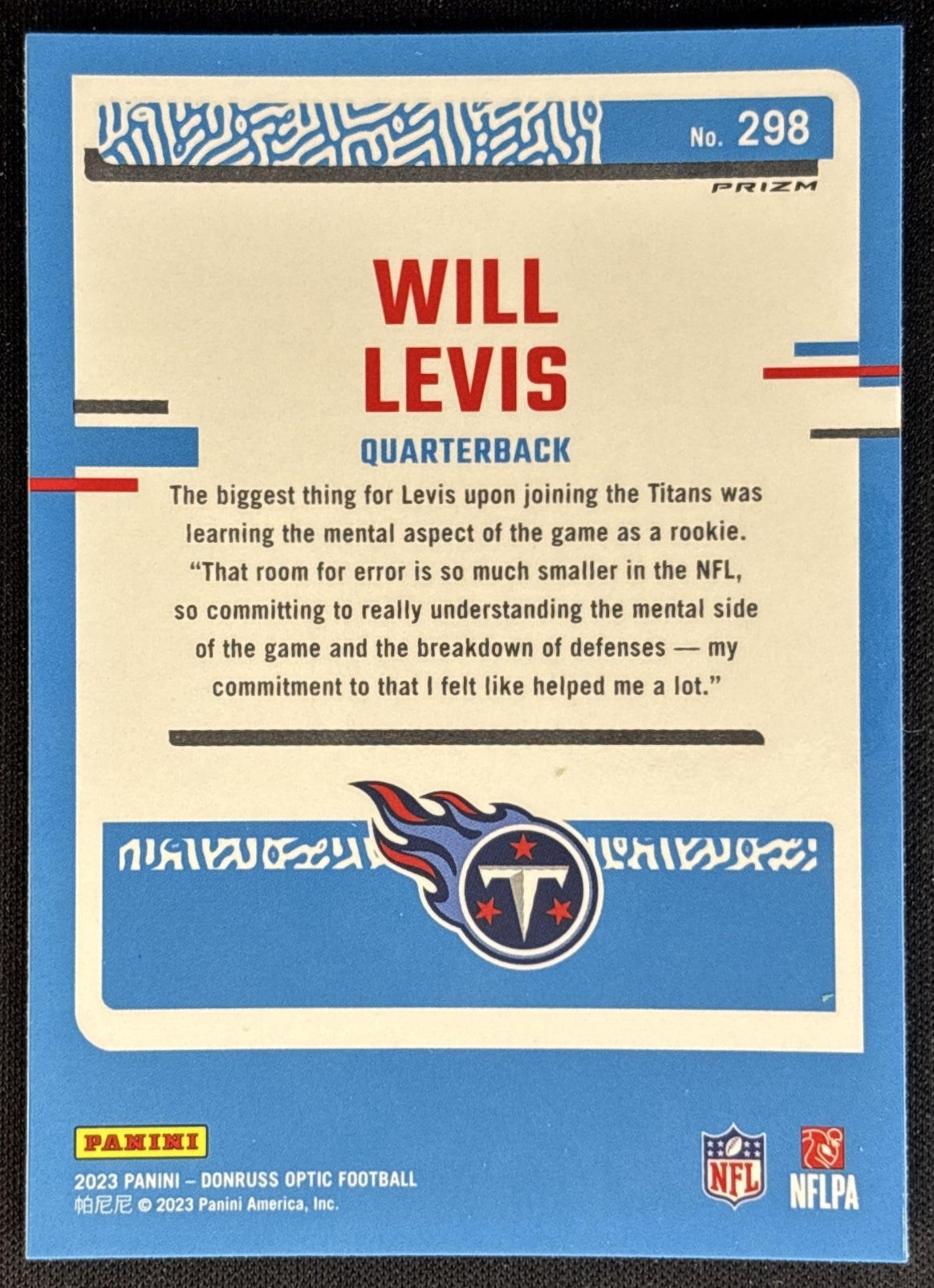 Will Levis 2023 Panini Donruss Optic Blue Scope Prizm Titans Football