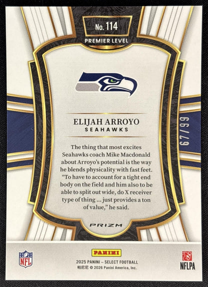 Elijah Arroyo 2025 Panini Select Premier Level Light Blue Prizm /99 Seahawks back