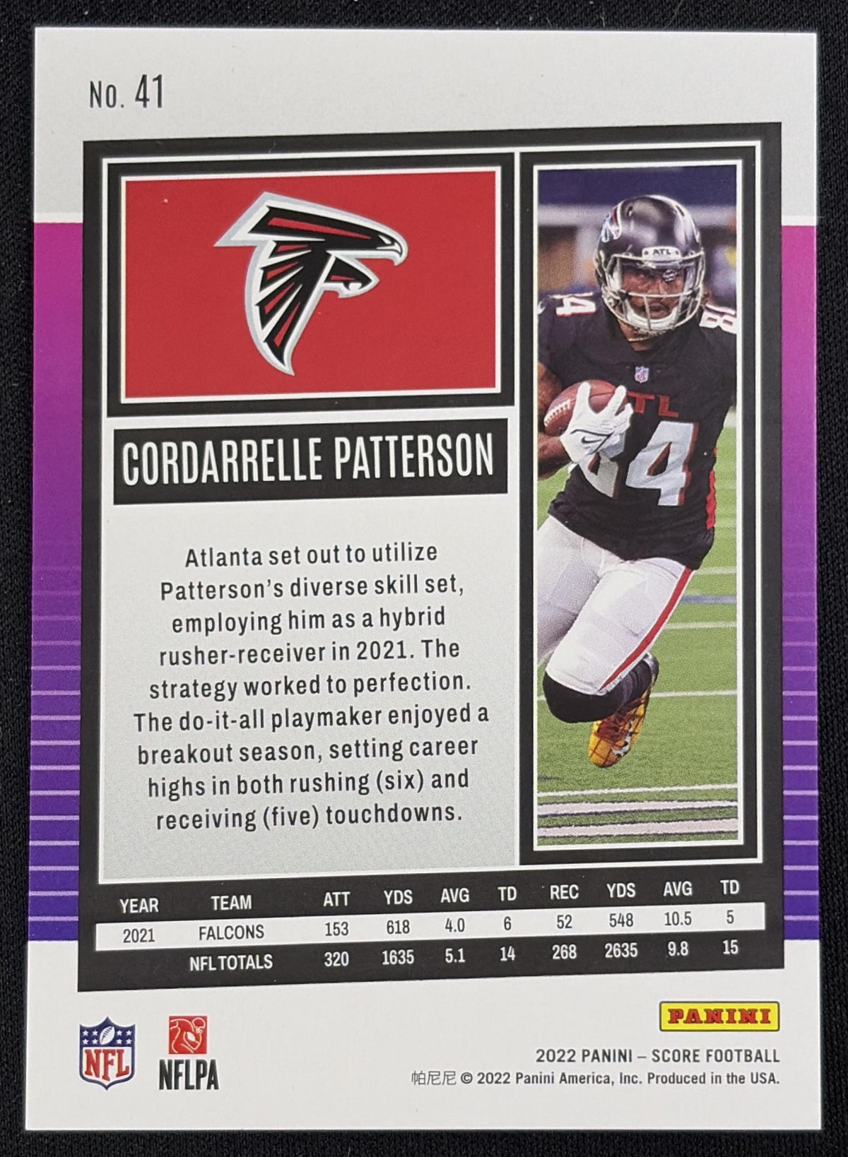 Cordarrelle Patterson 2022 Panini Score Dots Red /499 Falcons sports trading card back