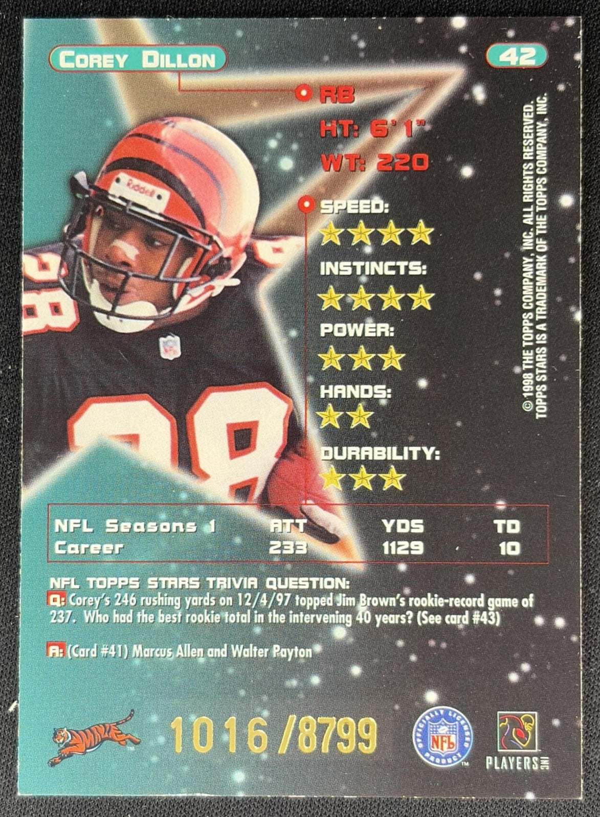 Corey Dillon 1998 Topps Stars /8799 Bengals Sports Trading Cards