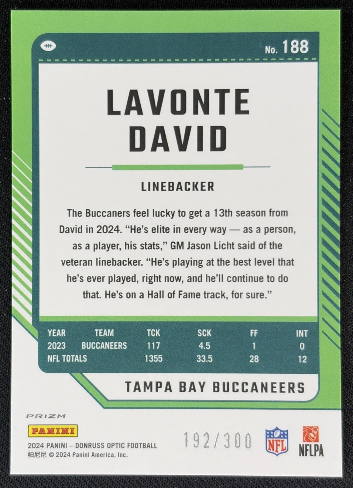 Lavonte David 2024 Panini Donruss Optic Wave /300 Buccaneers back