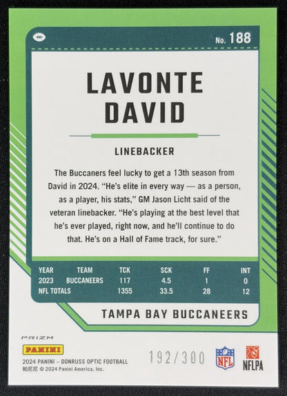 Lavonte David 2024 Panini Donruss Optic Wave /300 Buccaneers back