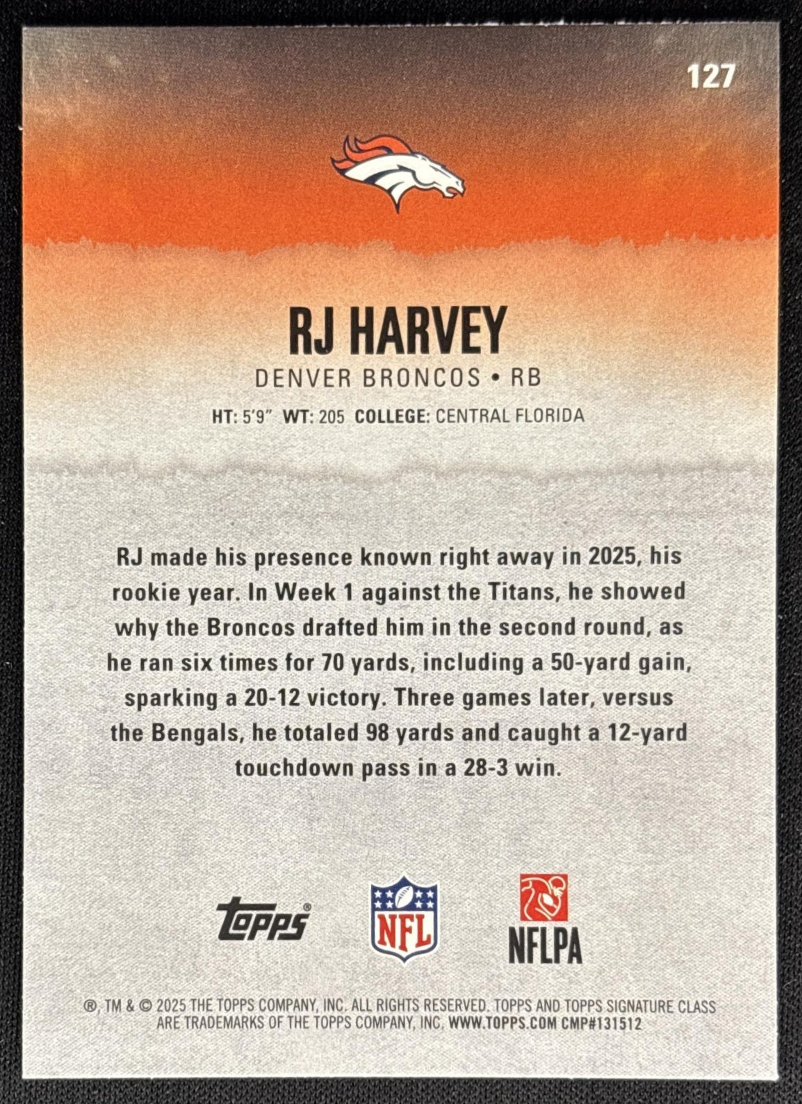 RJ Harvey 2025 Topps Signature Class Rookie Broncos Sports Trading Cards