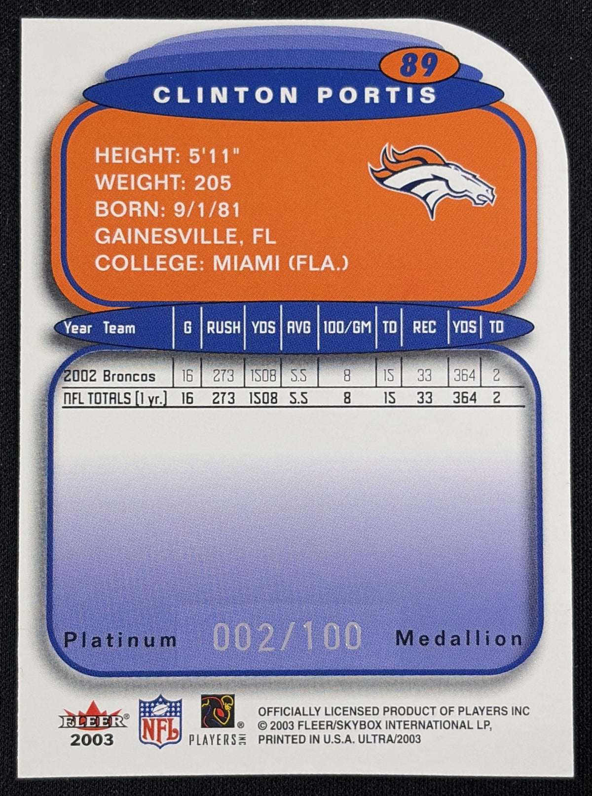 Back of Clinton Portis 2003 Fleer Ultra Platinum Medallion /100 Broncos sports trading card