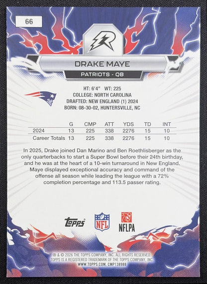 Drake Maye 2025 Topps Resurgence Sky Blue and Pink Shock Refractor Patriots New England Patriots back