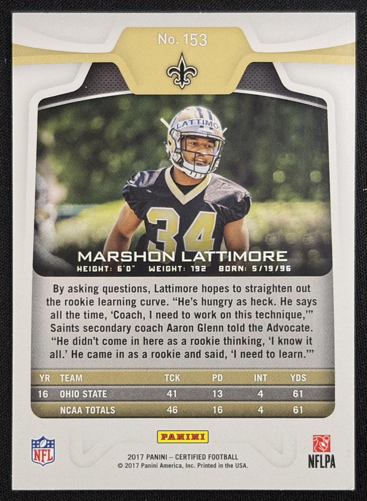 Marshon Lattimore 2017 Panini Certified /999 Saints