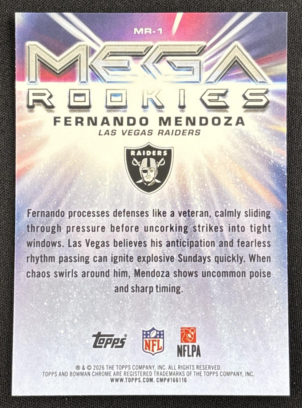 Fernando Mendoza 2026 Bowman Chrome Mega Rookies Mojo Refractor Raiders