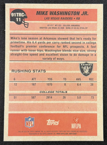 Mike Washington Jr. 2026 Topps 1991 Chrome Rookie Mojo Refractor Raiders back