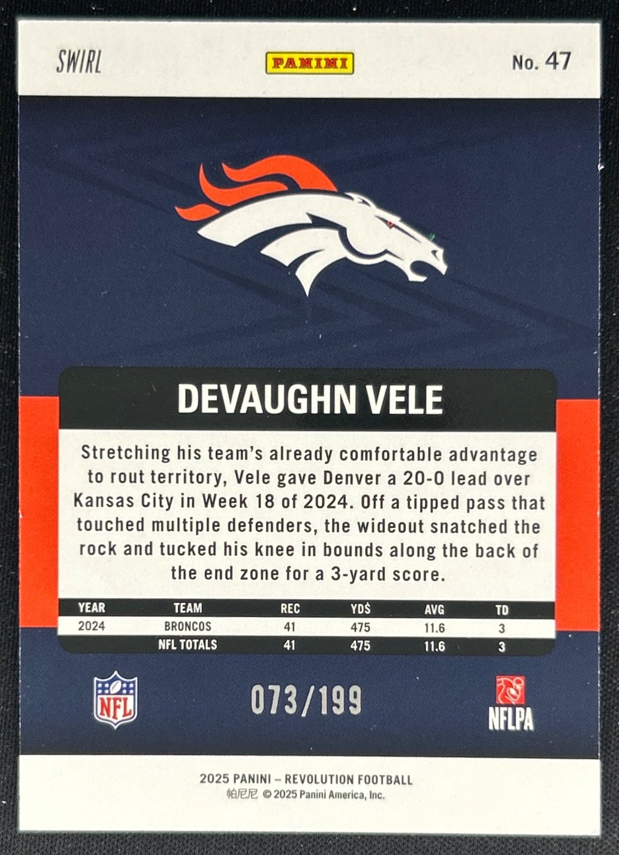 Devaughn Vele 2025 Panini Revolution Green Swirl /199 Broncos Sports Trading Cards