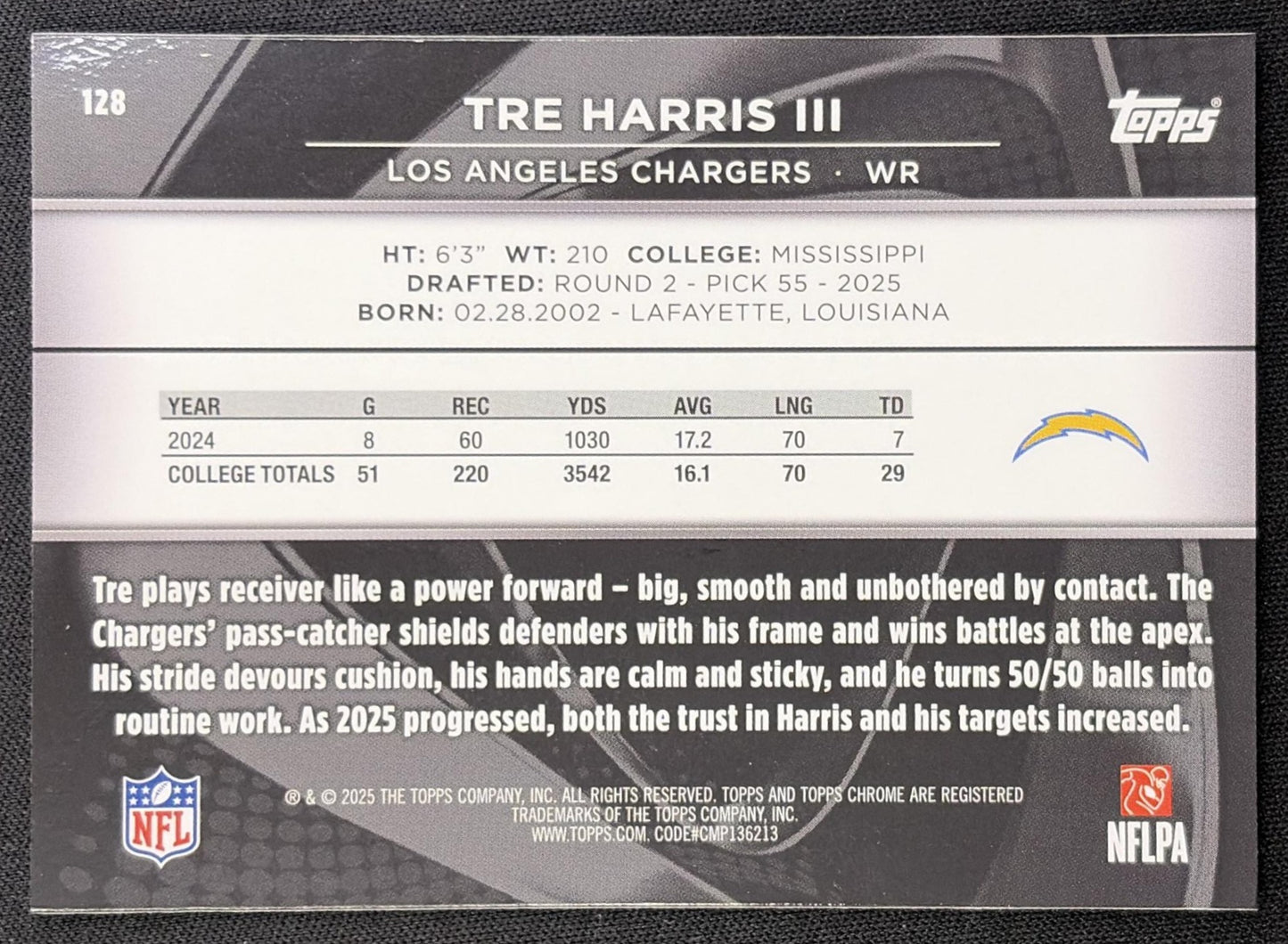 Tre Harris III 2025 Topps Chrome Black Chargers