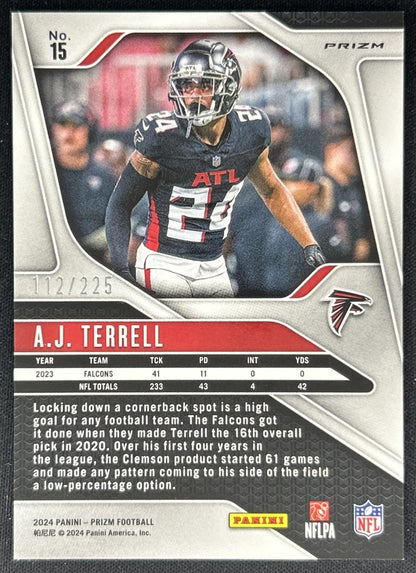 A.J. Terrell 2024 Panini Prizm Purple Ice /225 Falcons back