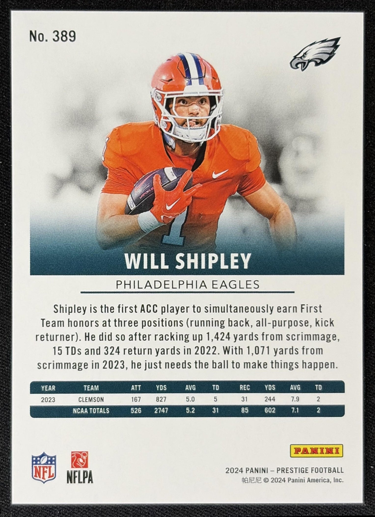 Will Shipley 2024 Panini Prestige Blue Xtra Points /599 Eagles