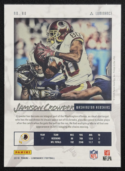 Jamison Crowder 2018 Panini Luminance Blue /99 Redskins Washington Redskins Sports Trading Card