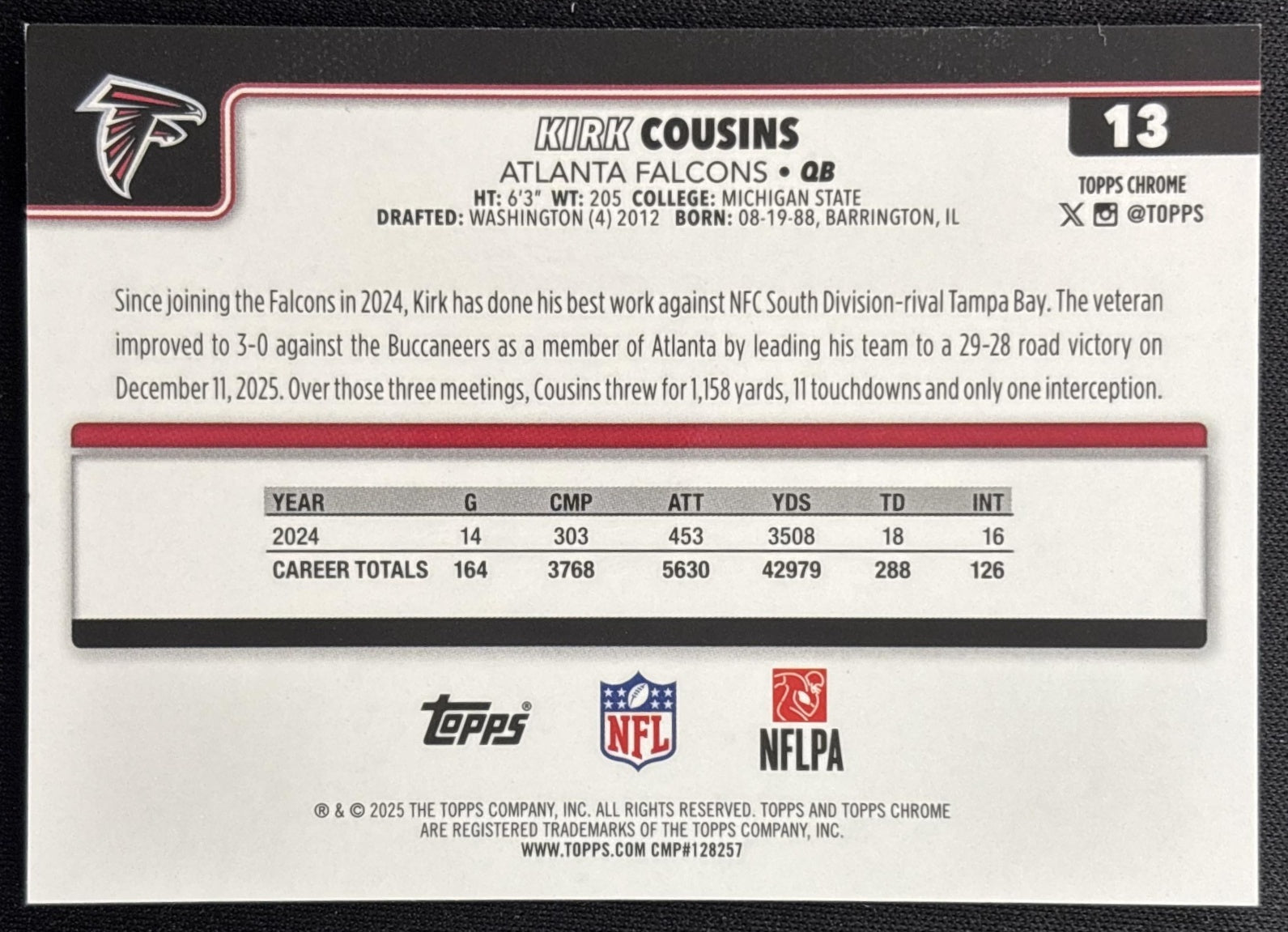 Kirk Cousins 2025 Topps Chrome Black Wave Refractor /10 Falcons Sports Trading Card