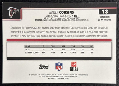 Kirk Cousins 2025 Topps Chrome Black Wave Refractor /10 Falcons Sports Trading Card
