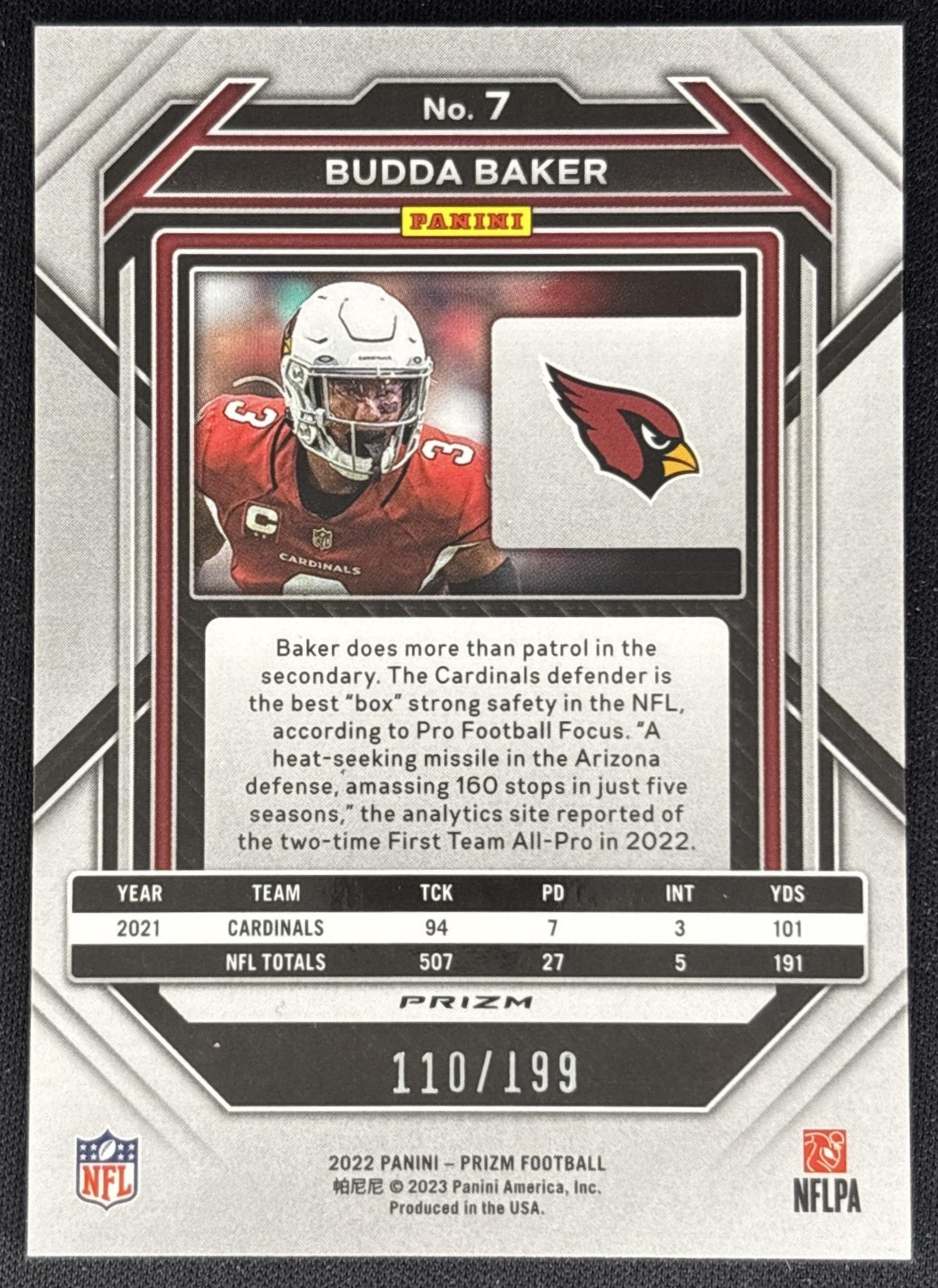 Budda Baker 2022 Panini Prizm Blue Wave /199 Cardinals back
