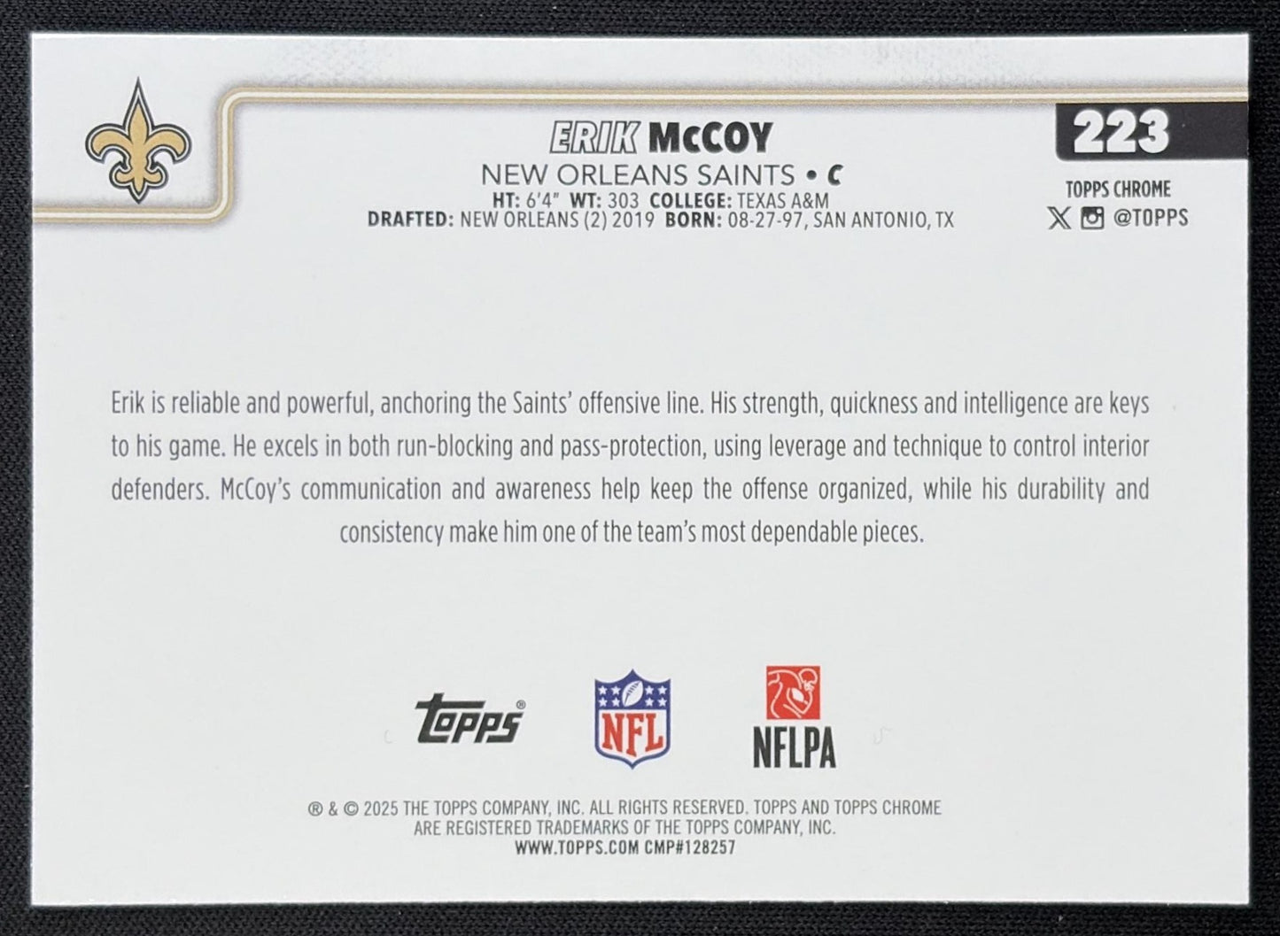 Erik McCoy 2025 Topps Chrome Neon Pulse Refractor Saints
