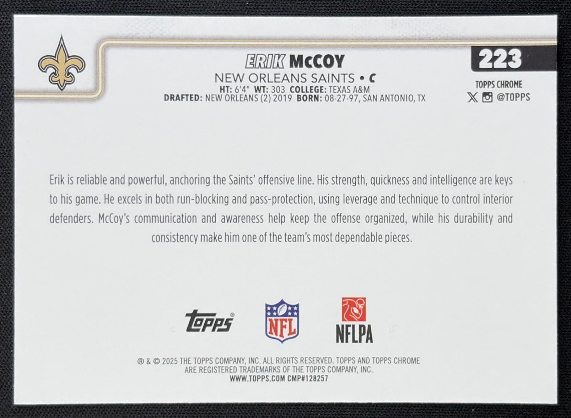 Erik McCoy 2025 Topps Chrome Neon Pulse Refractor Saints