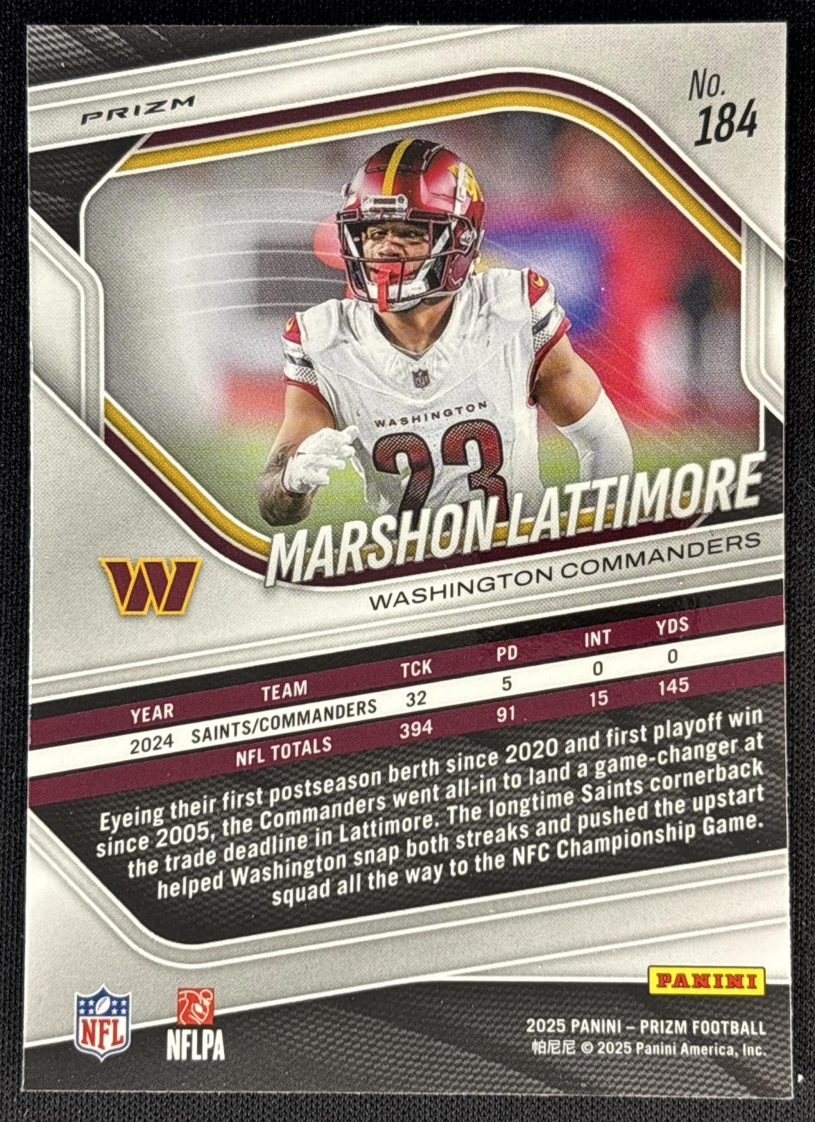 Marshon Lattimore 2025 Panini Prizm Neon Green Pulsar Commanders - Washington Commanders