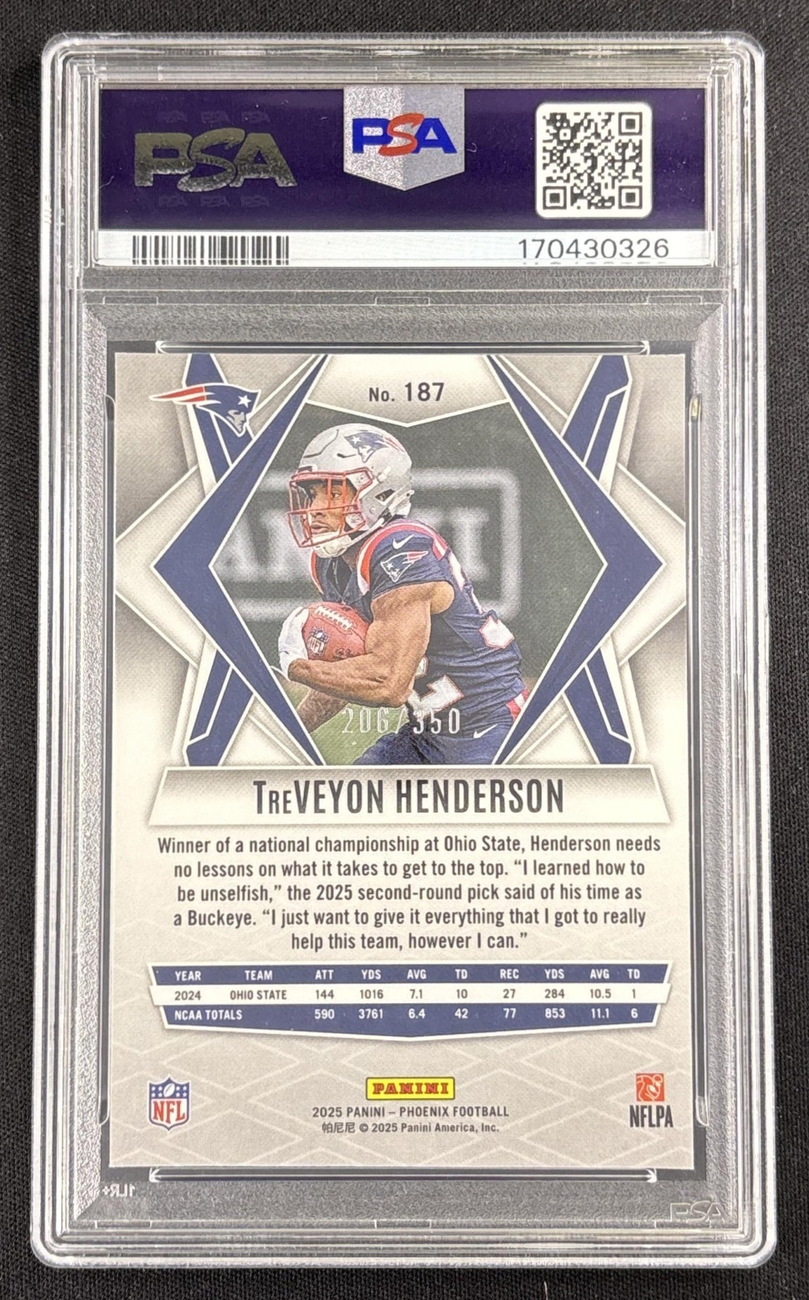 TreVeyon Henderson 2025 Panini Phoenix Fire Burst Prizm /350 PSA 9 Patriots 170430326